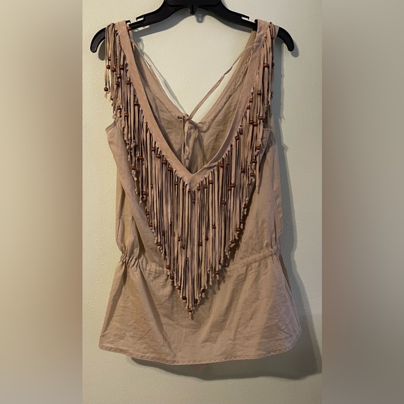 1990s Dolce & Gabbana Khaki / Brown Cotton and Suede Feathers Boho Fringe Top 40 - Picture 3 of 7